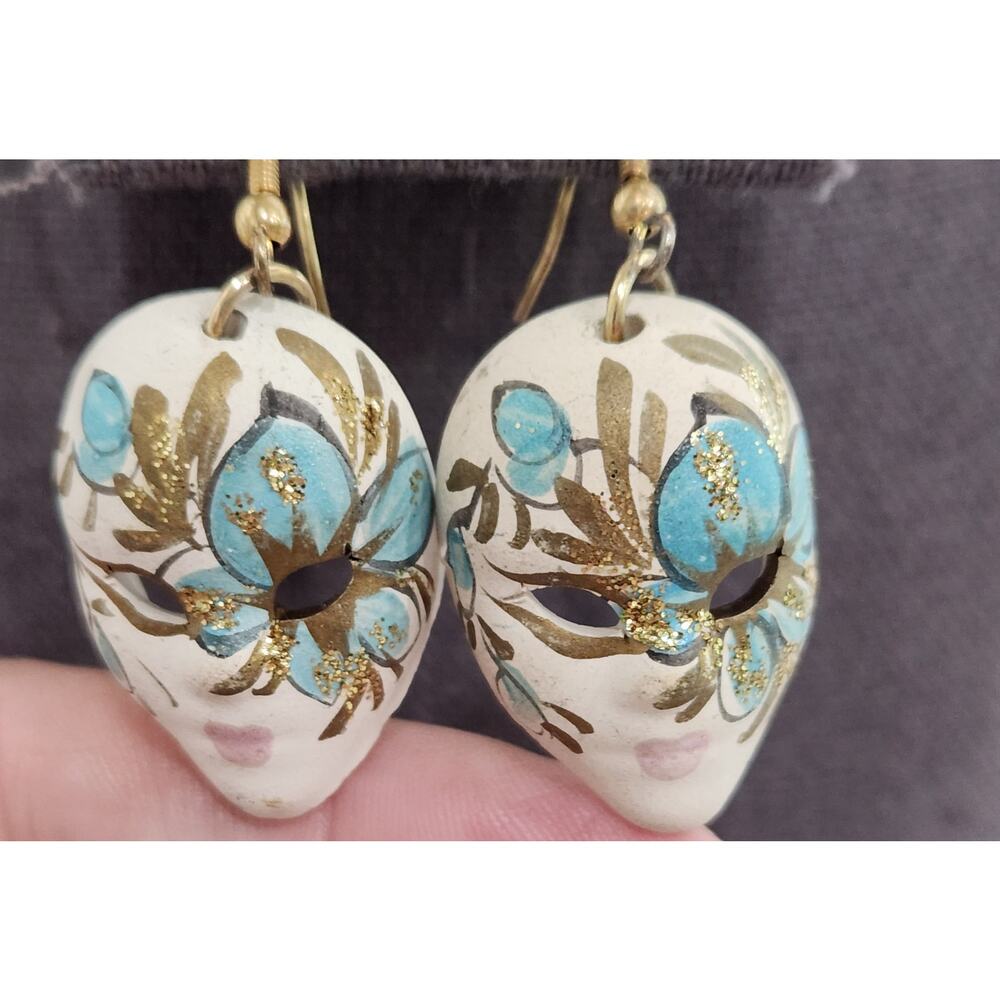 Ceramic Blue Gold Hand Painted Face Mask Dangle Earrings 2.5" Lightweight
